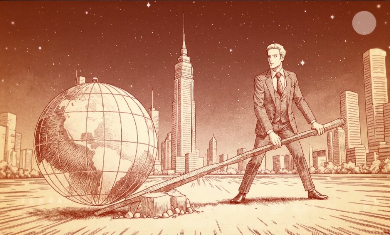 Illustration of a person in a suit moving a globe with a long lever, a city skyline behind them